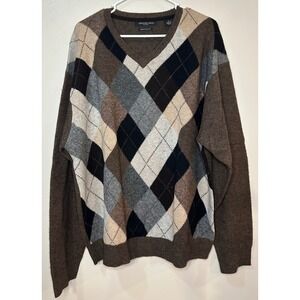 Impermeable Platinum Himalayan Yak Wool Argyle V-Neck Sweater Mens XL Brown Grey
